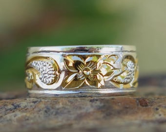 Hawaiian Jewelry Silver Gold Queen Scroll Flower Wedding Ring Band 8mm