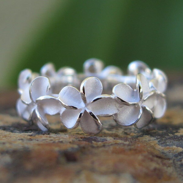 Hawaii Jewelry Sterling 925K Silver Plumeria Flower Lei Wedding 8mm Ring Band