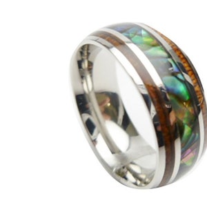 Hawaiian Design Jewelry Koa Wood Stainless Steel with Abalone Shell Setting Wedding Band Ring 8mm