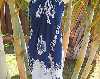 Hawaii Design Sarong Pareo Blue White Hibiscus Tropical Cruise Beach Pool Sexy Bikini Cover-Up Wrap Dress
