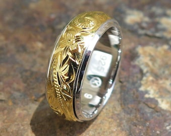 Anillo de boda hawaiano de plata con flor giratoria bañada en oro de 8 mm