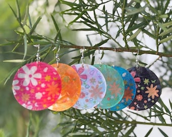 Hawaiian Floral Spring Design Jewelry Capiz Shell Hand Painted Dangle Earrings