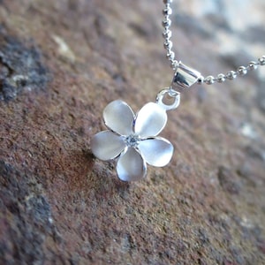 Hawaiian Sterling 925K Silver Jewelry Pendant Necklace 12mm Plumeria w/ Cubic Zirconia