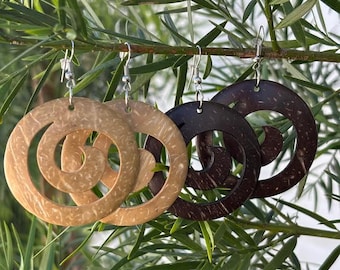 Hawaiian Design Jewelry Wooden Spiral Carved Hoop Dangle Earrings