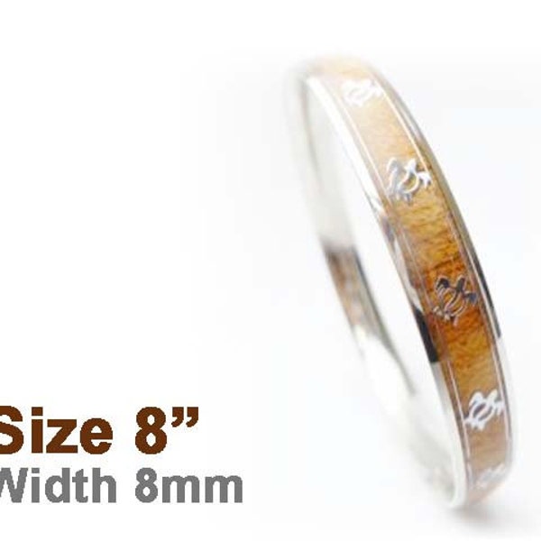 Hawaiian Design Natural Koa Wood Stainless Steel Turtle Honu Hawaiian Bangle Island Jewelry Bracelet ( 8mm )