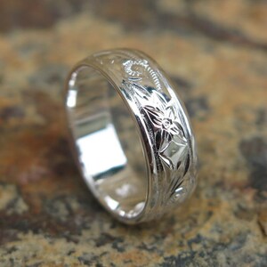 Hawaiian Design Jewelry 925K Sterling Silver Scroll Flower Wedding Ring Band 6mm image 2