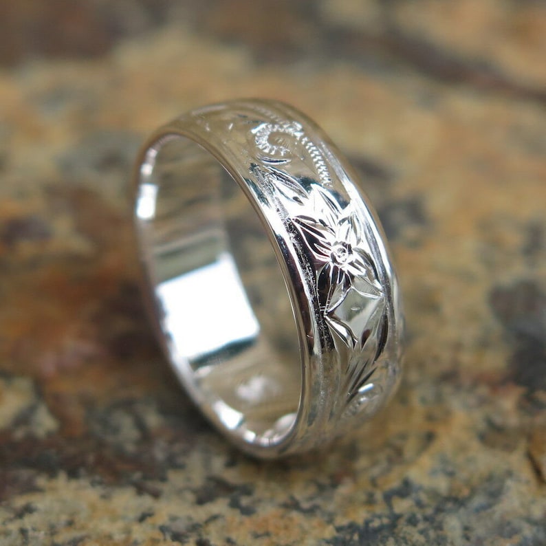 Hawaiian Design Jewelry 925K Sterling Silver Scroll Flower Wedding Ring Band 6mm image 2