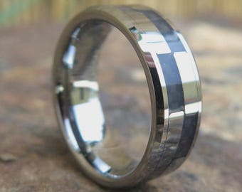Tungsten Carbon Fiber Checkered Inlay Hawaiian Wedding Ring Band 8mm