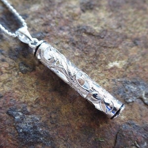 Hawaiian Jewelry Cut Out Scroll Black Enamel Border Tube Silver Pendant Necklace