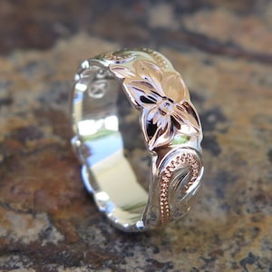 Hawaiian Design Silver Pink Gold Plated Cut Out Scroll Flower Love Wedding Ring Band 6mm