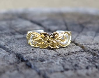 Hawaiian 925K Silver Scrolling Cut Out Toe Ring 6mm Yellow Gold Plated