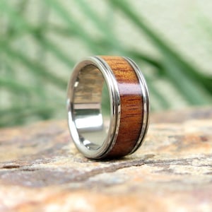 Genuine Thick Hawaiian Koa Wood Inlay Titanium Wedding Anniversary Ring 8mm Band