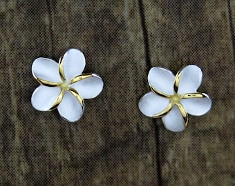 Hawaiian Jewelry 925K Sterling Silver Gold Plumeria Flowers Post Stud Earrings