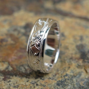 Hawaiian Design Jewelry 925K Sterling Silver Scroll Flower Wedding Ring Band 6mm image 1