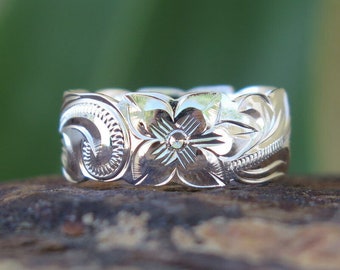 Hawaiian Design Bijoux en argent sterling 925K Maile Leaf Cut Out Wedding Ring Band 8mm