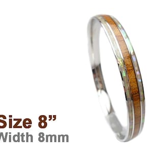 Hawaiian Design Jewelry MOP Shell Koa Wood Stainless Steel Bangle Bracelet ( 8mm )
