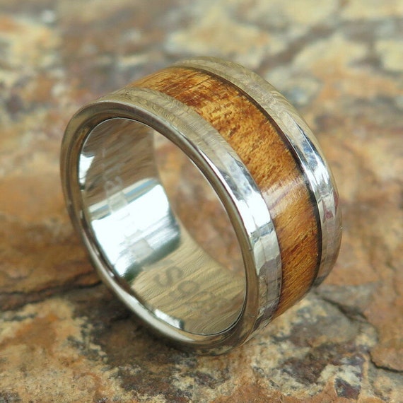 Genuine Light Hawaiian Koa Wood Inlay Titanium Wedding Ring Band