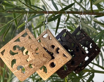 Hawaiian Design Jewelry Wooden Plumeria Flower Carved Dangle Earrings