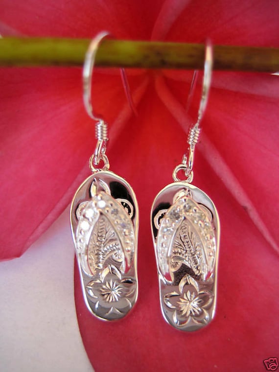 Hawaiian Design Jewelry 925K Silver Earrings Dangle Slipper Engrave Flower Plumeria