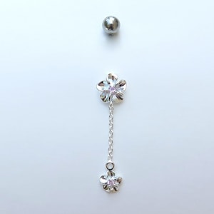 Hawaiian Design Jewelry 925K Sterling Silver 2 Plumeria Flowers with Cubic Zirconia Dangling Chain Belly Navel Ring
