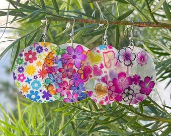 Hawaiian Floral Spring Design Jewelry Capiz Shell Hand Painted Dangle Earrings