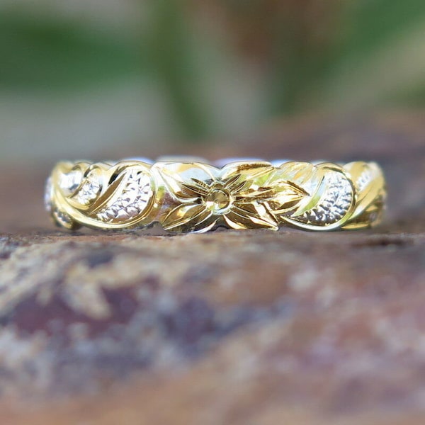 Hawaiian 925 Silver Two Tone Gold Cutout Edge Queen Wedding Ring Band 4mm
