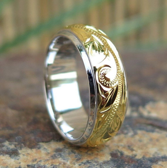 Hawaiian Silver Gold Plated Spinning Scroll Flower Wedding Ring