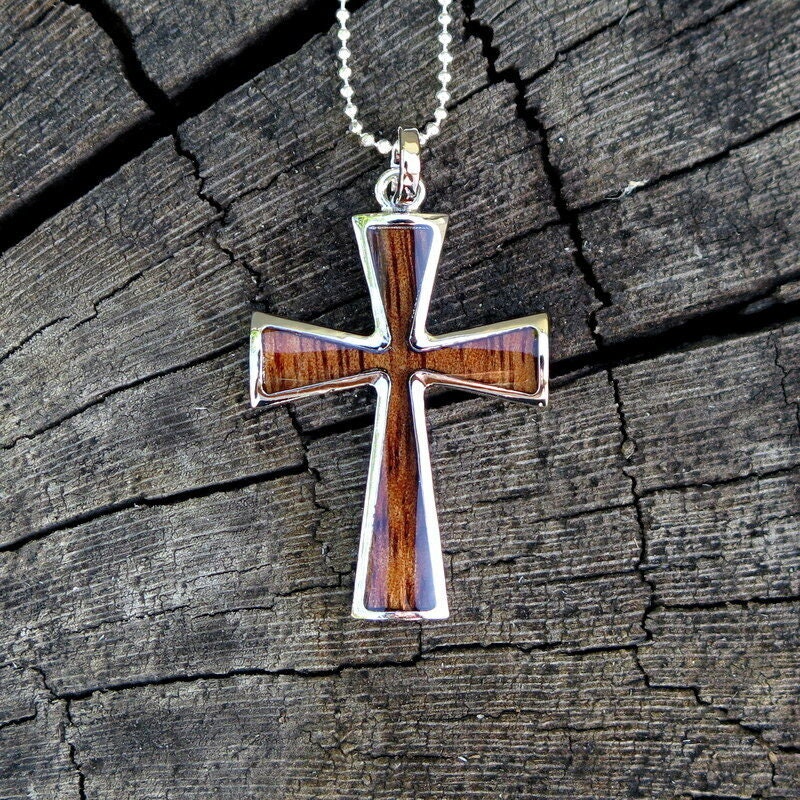 New Hawaiian Jewelry Koa Wood Jesus Cross Rhodium Plated Brass Pendant BRP1099 New Hawaiian Jewelry Koa Wood Jesus Cross Rhodium Plated Brass Pendant BRP1099