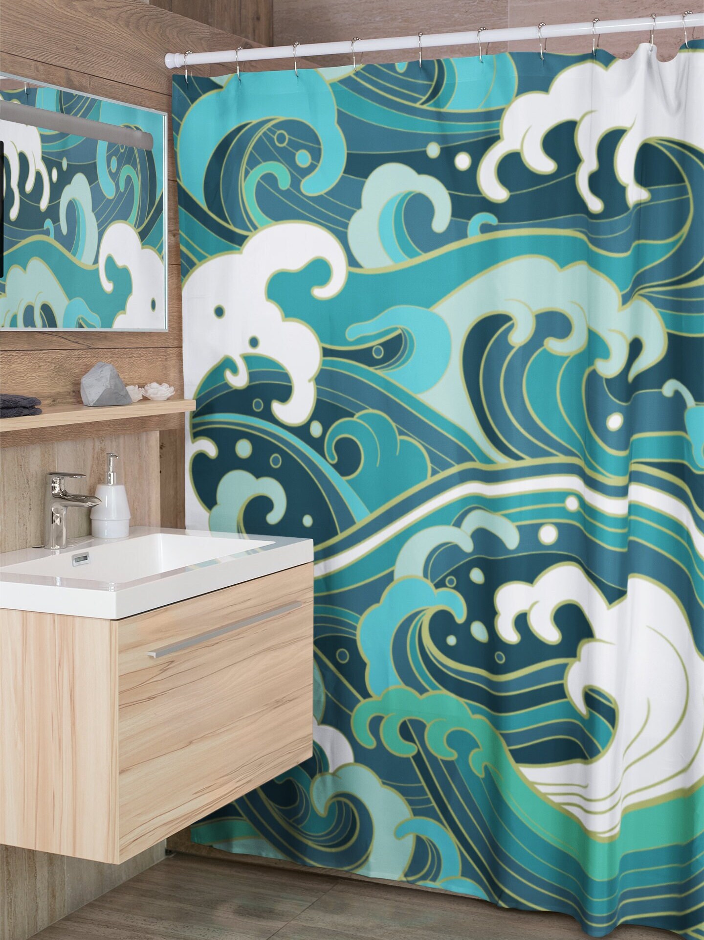 Shower Curtain World Map Beach Ocean Blue White Extra long Eco Friendly