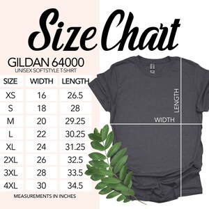 Peut inclure: Tableau des tailles pour les t-shirts unisexes Gildan 64000 softstyle. Le tableau indique les mesures de largeur et de longueur en pouces pour les tailles XS &agrave; 4XL.