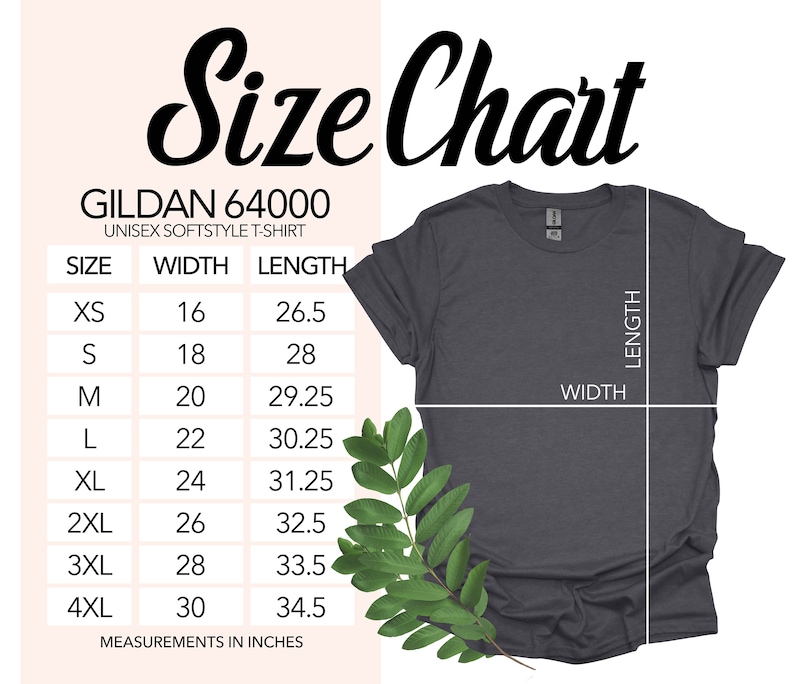 Peut inclure: Tableau des tailles pour les t-shirts unisexes Gildan 64000 softstyle. Le tableau indique les mesures de largeur et de longueur en pouces pour les tailles XS &agrave; 4XL.