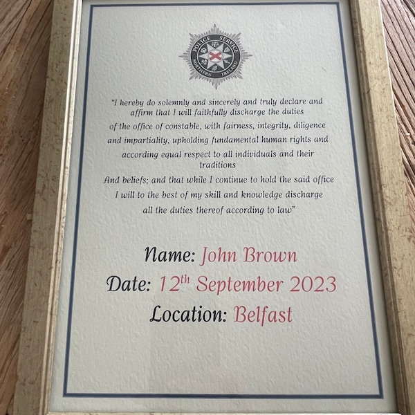 PSNI Police Service Northern Ireland Attestation. Framed gift all force’s available