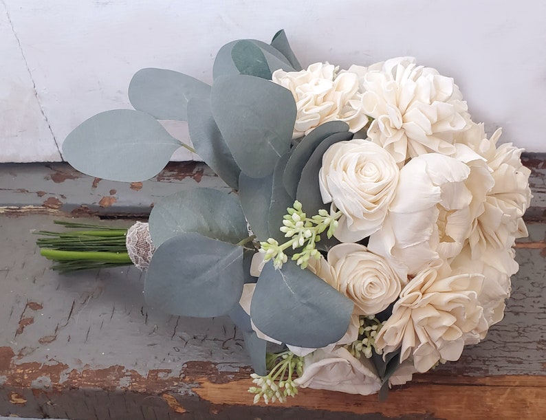 Silver Dollar Eucalyptus Bouquet White Sola Wood Bridal Bouquet Cream Peony Rose Bouquet Artificial Flower Bouquet Wedding Bouquet