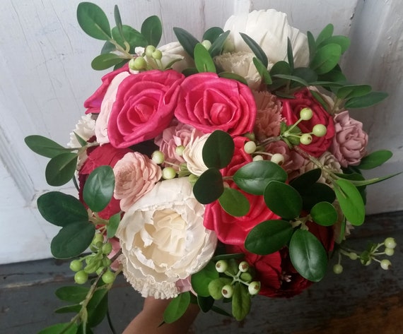 Peony Sola Wood Bridal Bouquet Dark Red Pink White Bridal Etsy