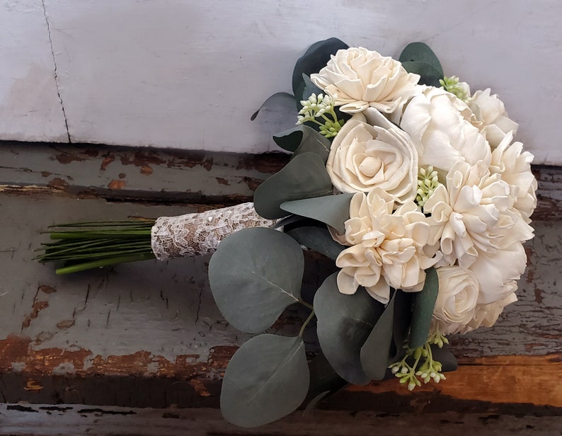 Silver Dollar Eucalyptus Bouquet White Sola Wood Bridal Bouquet Cream Peony Rose Bouquet Artificial Flower Bouquet Wedding Bouquet