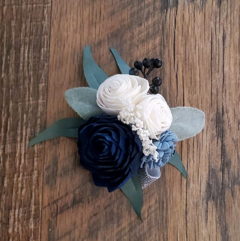 Sola Wood Wrist Corsage Dusty Blue Navy & Cream Corsage Etsy
