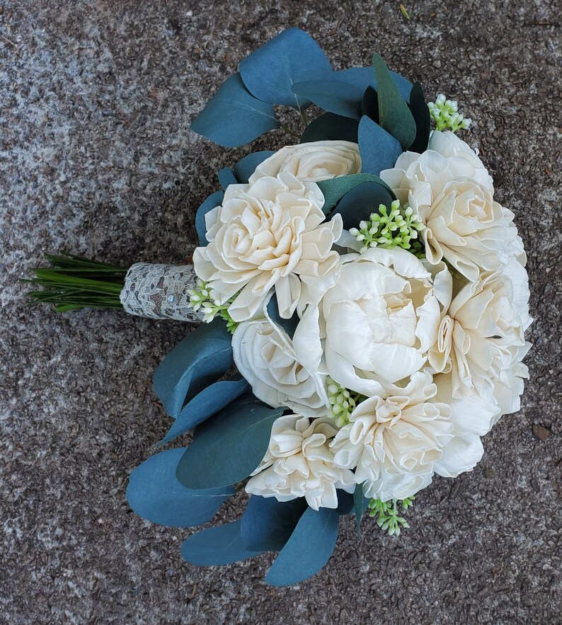 Silver Dollar Eucalyptus Bouquet White Sola Wood Bridal Bouquet Cream Peony Rose Bouquet Artificial Flower Bouquet Wedding Bouquet