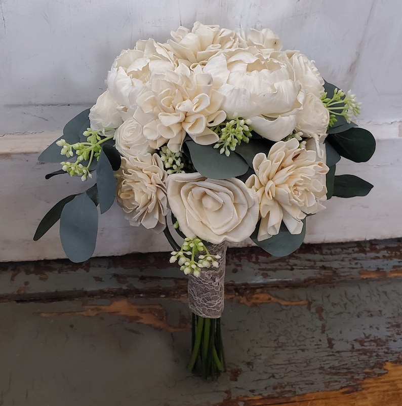 Silver Dollar Eucalyptus Bouquet White Sola Wood Bridal Bouquet Cream Peony Rose Bouquet Artificial Flower Bouquet Wedding Bouquet
