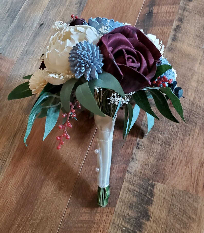 Burgundy Dusty Blue & Cream Sola Wood Cascade Bridal