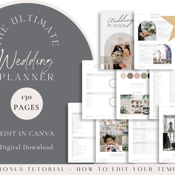 130 Page Wedding Checklist, Wedding Timeline, Wedding Planner, Canva Template, Digital Download, Wedding Itinerary, Wedding Planning