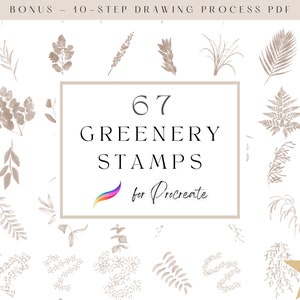 Könnte beinhalten: Eine Sammlung von 67 Grünpflanzen-Stempeln für Procreate, mit verschiedenen Blättern, Zweigen und Farnen in einem gedämpften Braunton. Der Text "67 Greenery Stamps for Procreate" wird in einem weißen Kasten mit einem Regenbogenstreifen angezeigt.