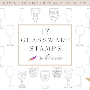Op de afbeelding: Een set van 17 zwart-witte lijntekeningen van glaswerk, waaronder wijnglazen, champagneflutes en bekers. De illustraties zijn gelabeld met "17 Glassware Stamps for Procreate".