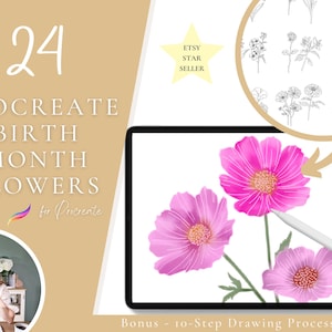 24 Birth month flower stamps, procreate birth month flowers, procreate brushes, procreate flower stamps, floral stamp, tattoo flowers