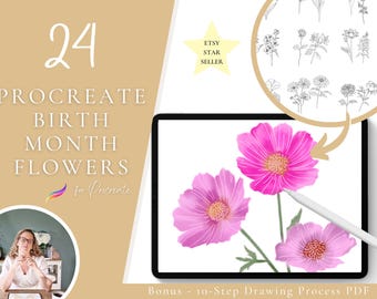 24 Birth month flower stamps, procreate birth month flowers, procreate brushes, procreate flower stamps, floral stamp, tattoo flowers