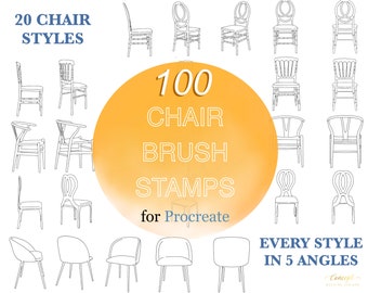 Peut inclure: Une collection numérique de 100 tampons de pinceaux de chaises pour Procreate, présentant 20 styles de chaises distincts illustrés sous 5 angles différents chacun. L'image affiche divers dessins au trait de chaises autour d'un cercle orange.