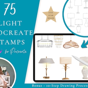 May include: A digital art product featuring 75 light Procreate stamps. The image shows various lamp designs, including chandeliers and table lamps, displayed on a tablet. The text includes "75 LIGHT PROCREATE STAMPS for Procreate" and "ETSY STAR SELLER".
