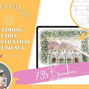 May include: A digital illustration of a wedding table setting with floral decorations. The image includes 735 brushes for Procreate, a digital art app. The text "The Ultimate Wedding Table Illustration Brush Set for Procreate" is displayed on a yellow background. A woman is shown using a tablet to create digital art.