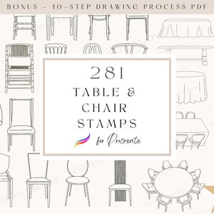 Könnte beinhalten: Eine digitale Illustration von 281 schwarzen und weißen Tisch- und Stuhl-Stempeln für Procreate. Das Bild zeigt eine Vielzahl von Tisch- und Stuhl-Designs, darunter runde Tische, rechteckige Tische, Stühle mit Rückenlehnen und Stühle ohne Rückenlehnen.