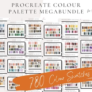 Può includere: Un'illustrazione digitale di 20 palette di colori Procreate, ciascuna con 36 campioni di colore. Le palette sono organizzate in una griglia ed etichettate con nomi come "Ice Queen", "Emerald & Gold", "Moody Boho" e "Winter Warmer". Il testo "780 Color Swatches" è visualizzato in un grande font nella parte inferiore dell'immagine.