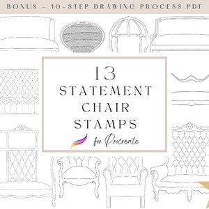 Op de afbeelding: Een set van 13 statement stoel stempels voor Procreate. De stempels bevatten verschillende stijlen stoelen, waaronder fauteuils, banken en een chaise longue. De stempels zijn in zwart en wit en zijn perfect om een ​​toets van elegantie toe te voegen aan je digitale kunst.